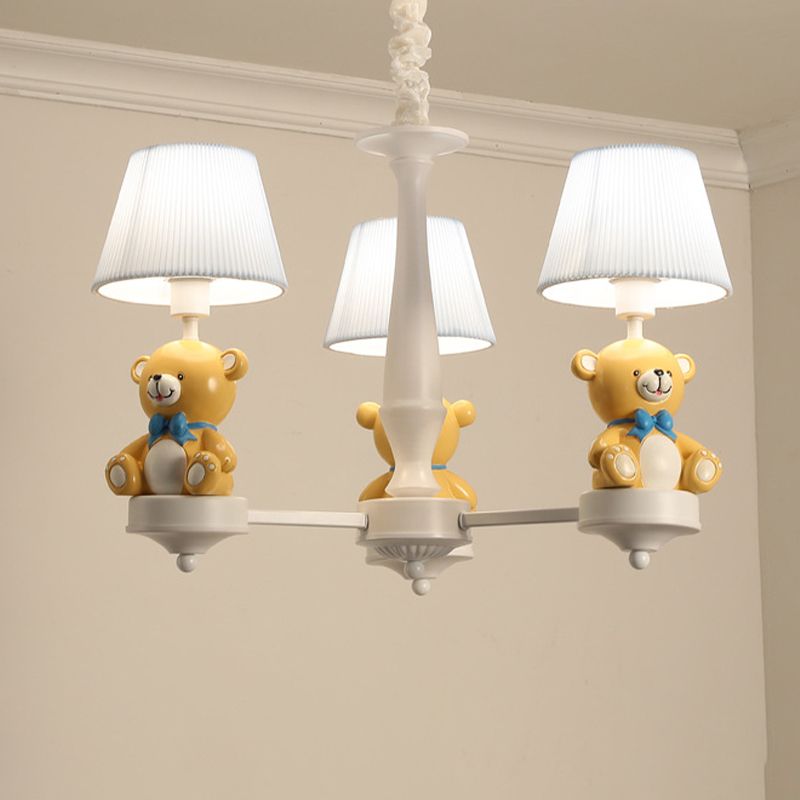 Pleated Fabric Tapered Chandelier Cartoon 3/5-Bulb White Hanging Lamp with Bear Decoration