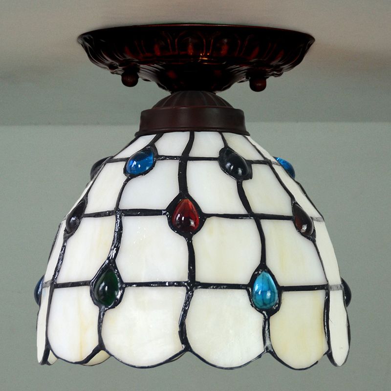 Bell / Globe Flush Fixture de la lumière Tiffany White Grille en verre Cbeille à Beige Single Beige Mount Ceiling Light with Jewels