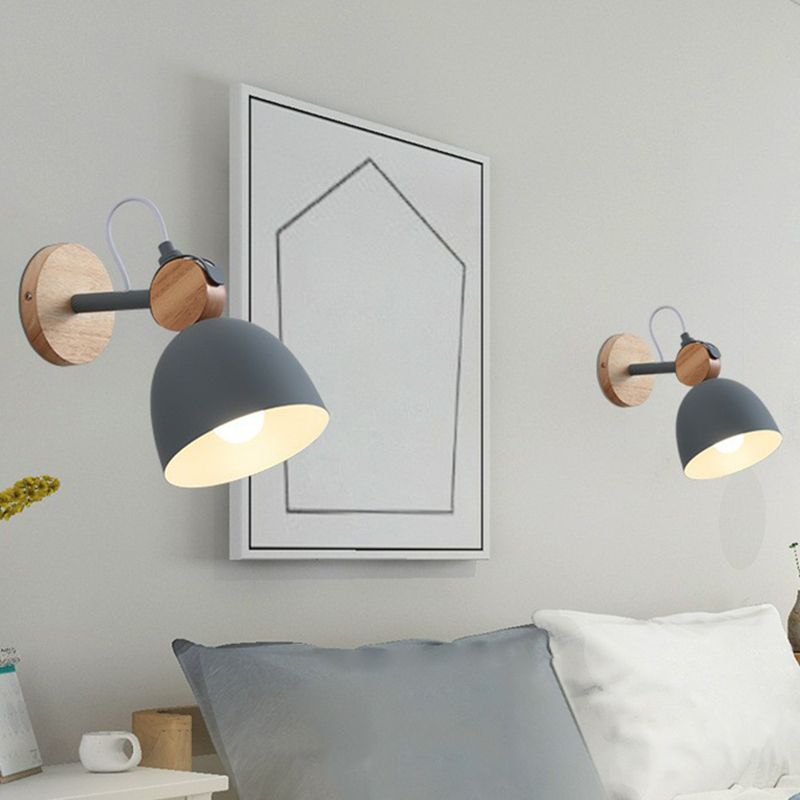 Simplicity Bell Wall Light Fixture Metallic Single-Bulb Bedroom Wall Mounted Lamp with Circle Wooden Backplate