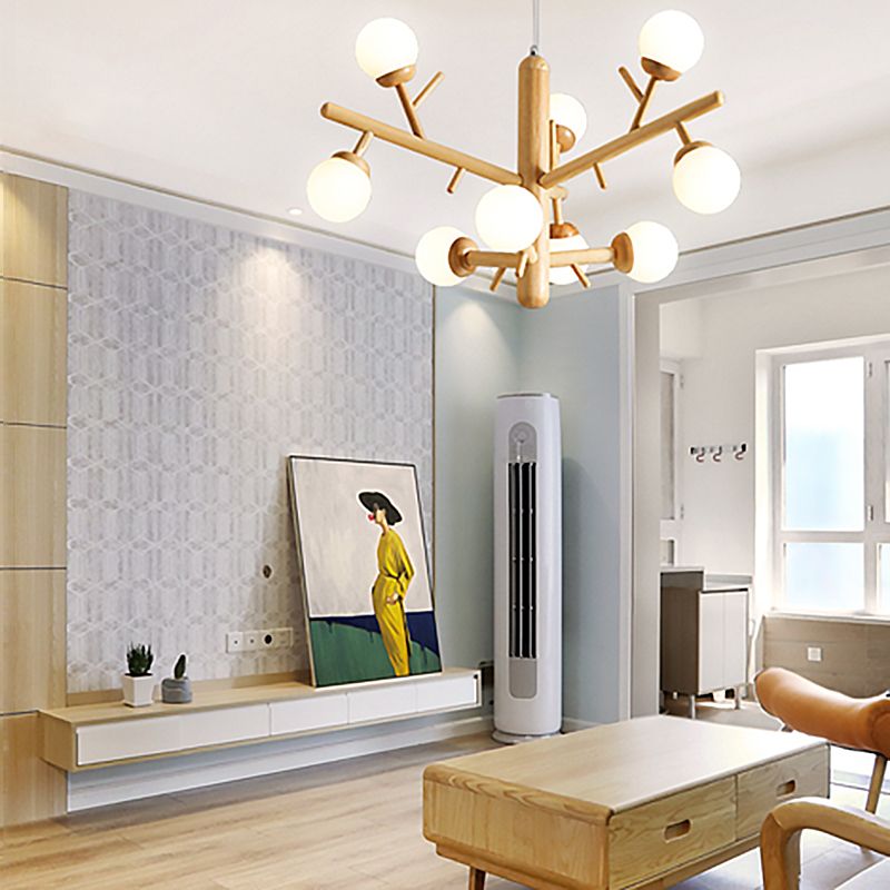 Lampadario ramo di legno moderno a ciondolo multi-testa con tonalità di vetro bianco