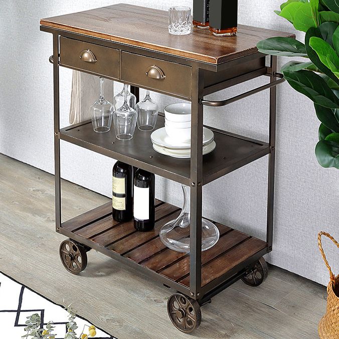 35.43" High Rolling Industrial Kitchen Trolley Wooden Kitchen Trolley for Dining Room