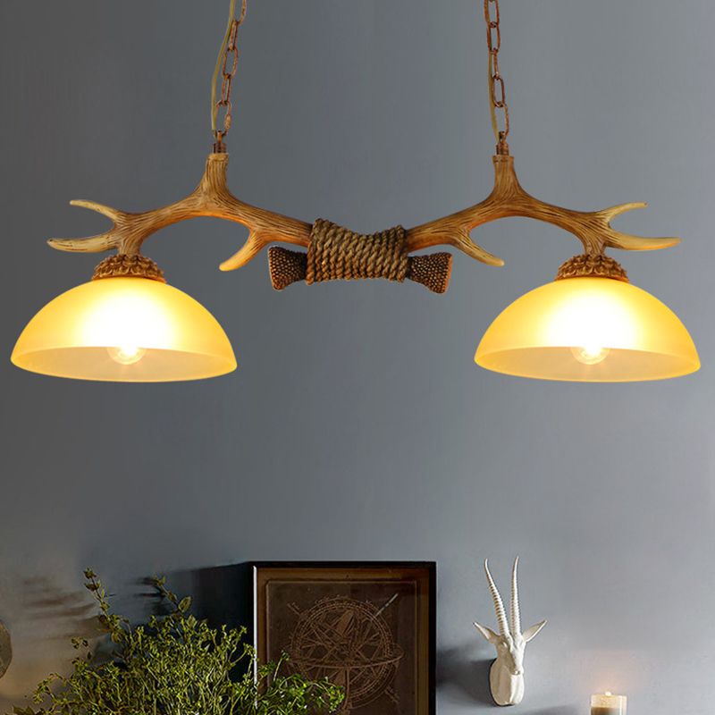 2 Bulbs Pendant Light Retro Dome Beige Glass Hanging Island Light with Decorative Deer Horn