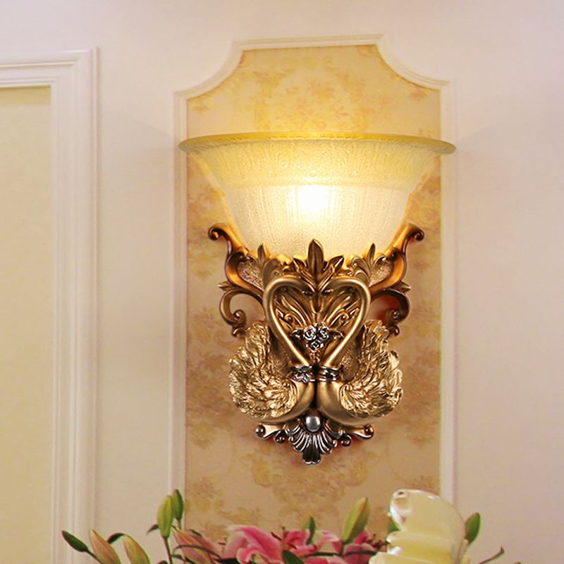 Retro Style 2 Swans Wall Mounted Lamp 1 Bulb Resin Wall Light Fixture with Bell Ribbed Glass Shade in Gold