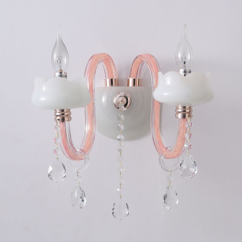 2 Bulbs Crystal Prism Sconce Light Traditional Pink Candelabra Living Room Wall Mounted Lighting