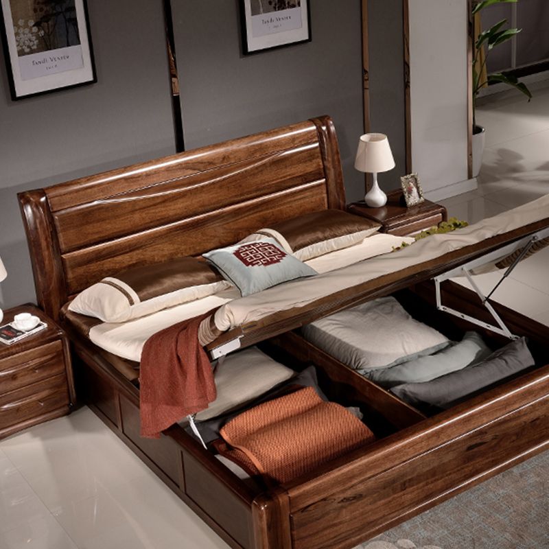 Solid Wood Walnut Standard Bed Lift Up Storage Bed Frame with Headboard