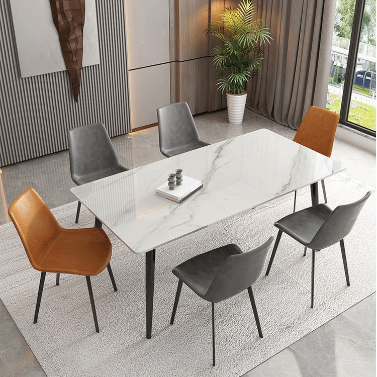 Mesa de comedor rectangular industrial de metal Mesa de comedor de piedra sinterizada con 4 piernas negras