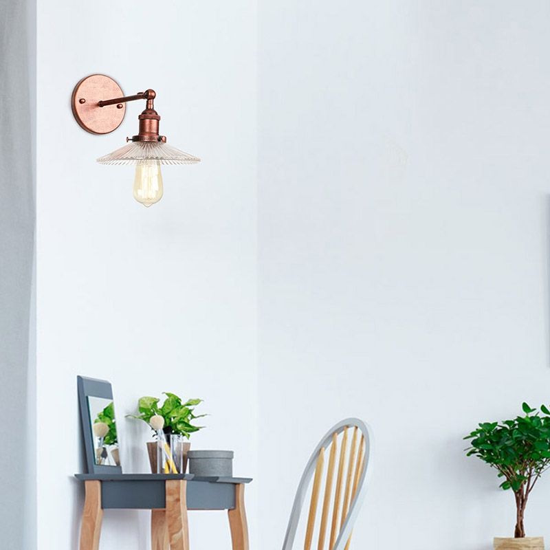 1 Light Scalloped Sconce Light Fixture Rustic Style Copper Ribbed Glass Wall Lamp for Dining Table