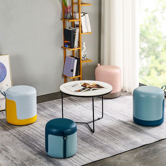 Faux Leather Pouf Round Patchwork Water Resistant Contemporary Pouf Ottoman