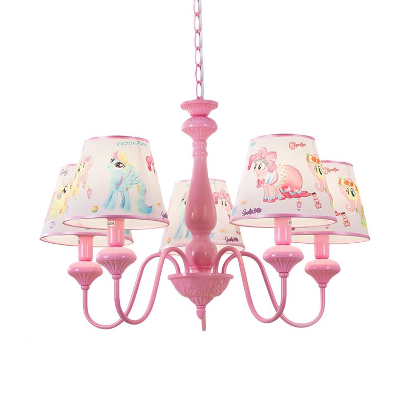 Kids 5/6-Light Hanging Chandelier Pink Barrel Suspension Pendant Light with Fabric Shade for Nursery