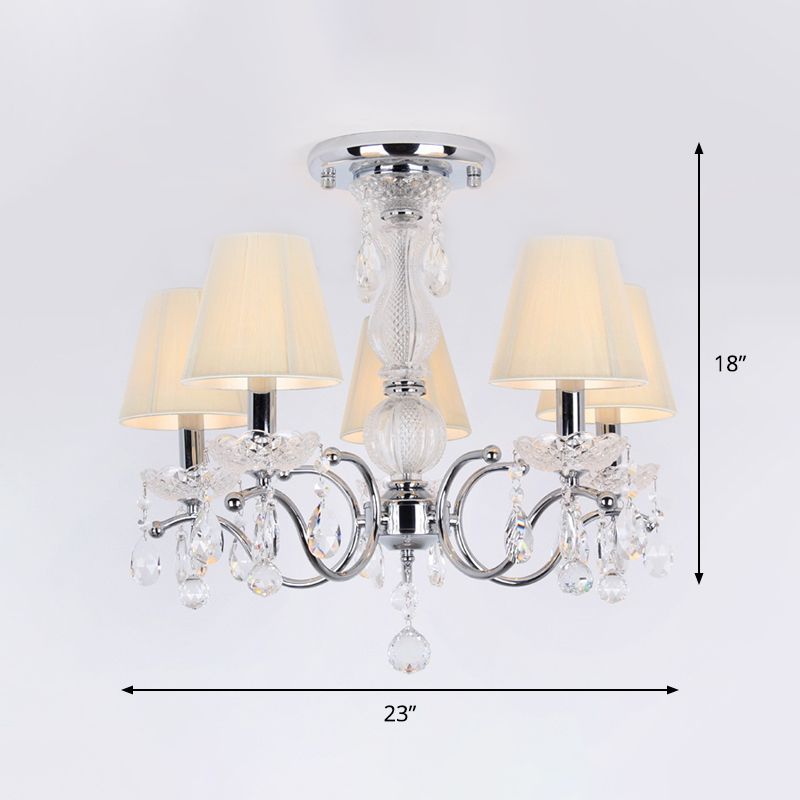 Cone Semi Flush Lamp Modernism 5-Head Crystal Ceiling Light Fixture in Nickle with Fabric Shade and Swirled Arm