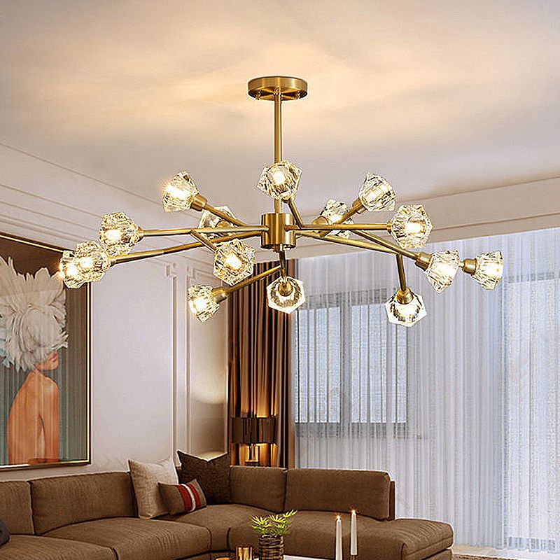15-Light Metal Sputnik Chandelier, Unique Linear Ceiling Light With Crystal Shade
