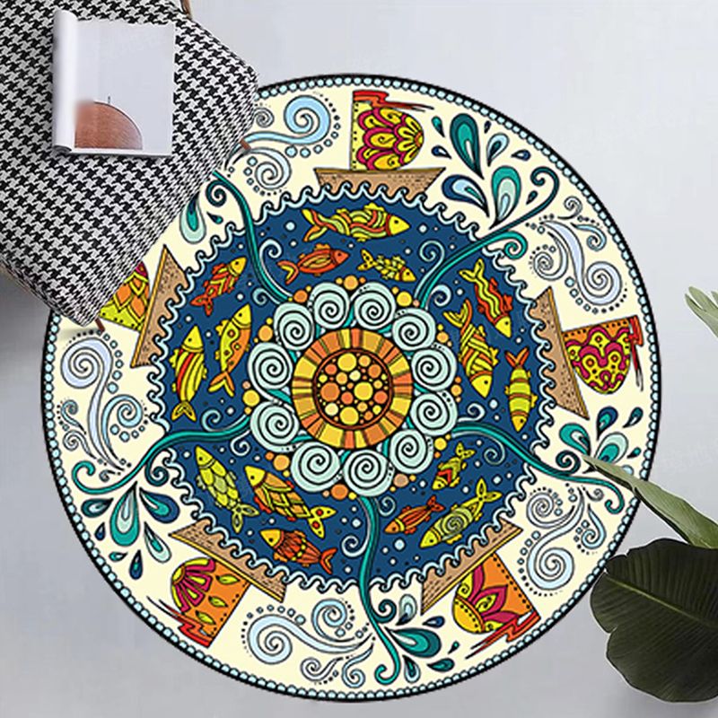 Mid-Century Round Rug Moroccan Medallion Printed Carpet Non-Slip Backing Carpet for Living Room