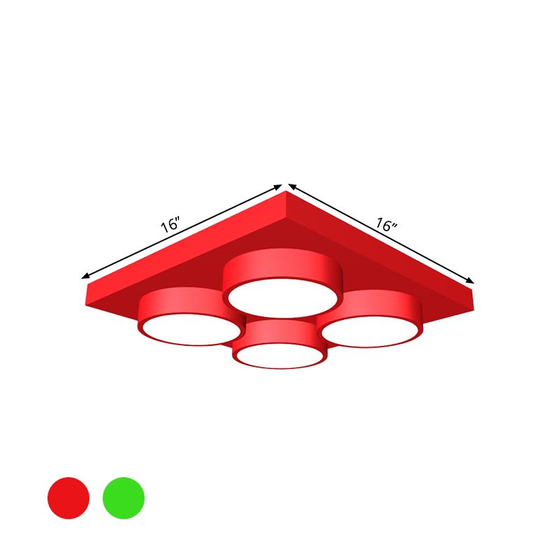Kids Building Block Flush Mount Fixture Metal 16"/19.5"/23.5" W LED Nursery Ceiling Lamp in Red/Green, White Light