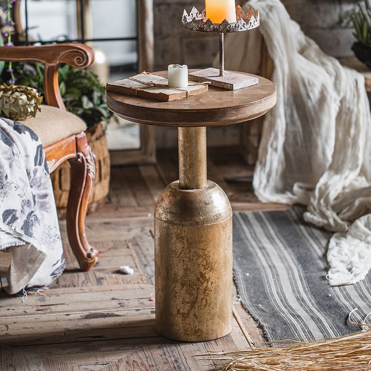 Rustic Distressed Side End Table Pedestal Round Sofa Side Accent Table