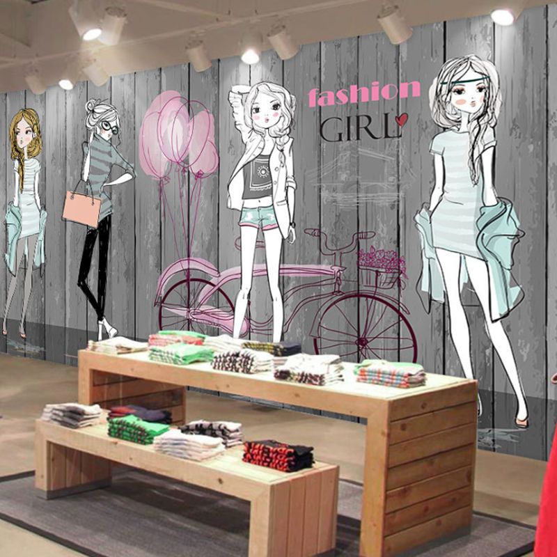 Original Cartoon Beauty Wall Art in Grey Dress Shop Mural Wallpaper, Personalized Size Available