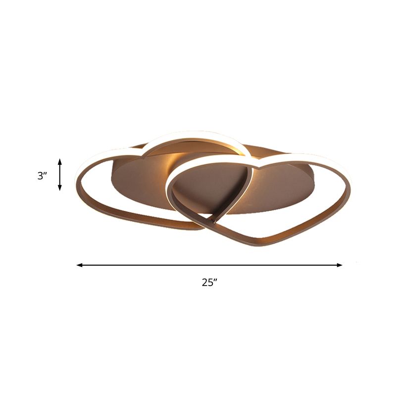 Metal Double Heart Flush Mount Light Romantic Ceiling Lamp in Brown for Study Room