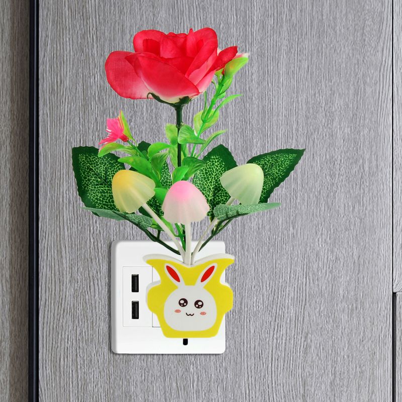 Plastic Blooming Flower Wall Nightlight Contemporary Yellow/Pink/Peach LED Night Lighting with Plug