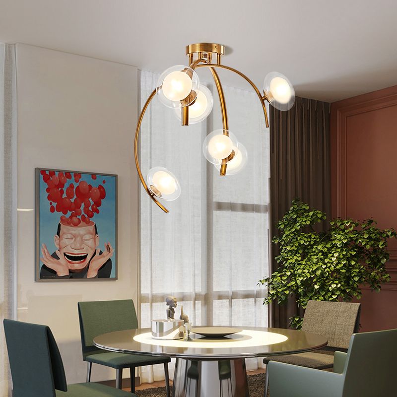 Vintage Dual Orb Shade Semi Flush transparant glas 6 lampen eettafel spoeling Mount kroonluchter met gouden takje ontwerp