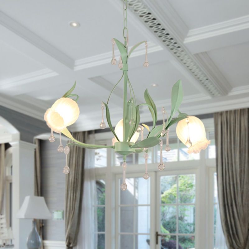 Korean Garden Floral Chandelier Light 3/6/8 Bulbs Opaline Glass LED Pendant Lighting in Pink/Green for Living Room