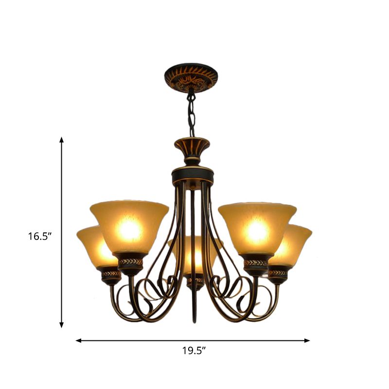 Luz de la lámpara de lámpara de 5 luces con tono de campana beige lámpara de techo de dormitorio clásico de vidrio esmerilado en negro