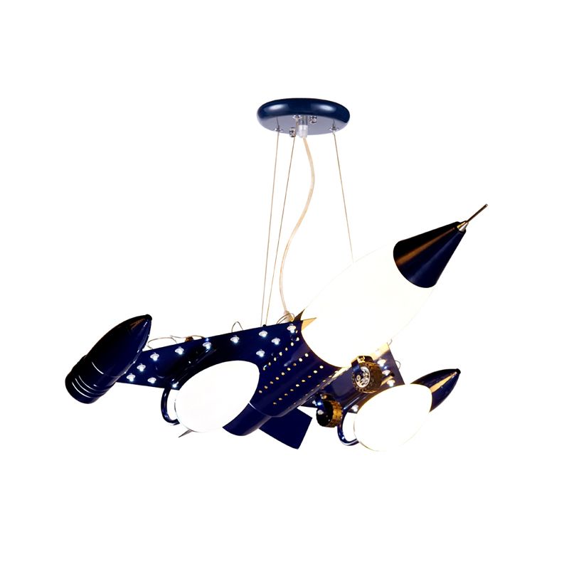 Carton de pendentif avion bleu foncé 3 têtes d'éclairage de lustre en verre opal pour la chambre des garçons
