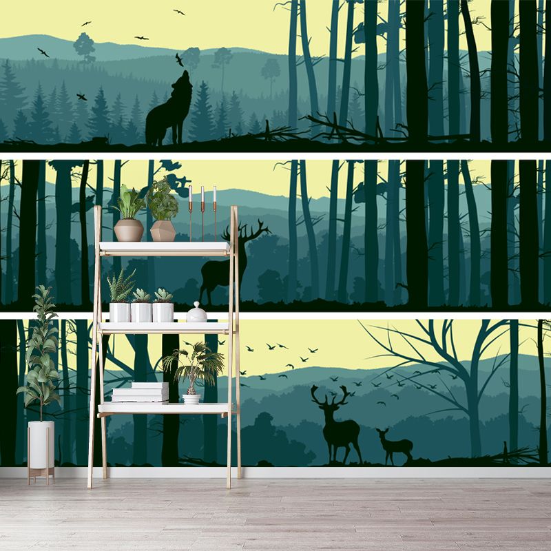 Aqua Forest Scenery Mural Decal Animal Modern Moisture Resistant Wall Art for Home