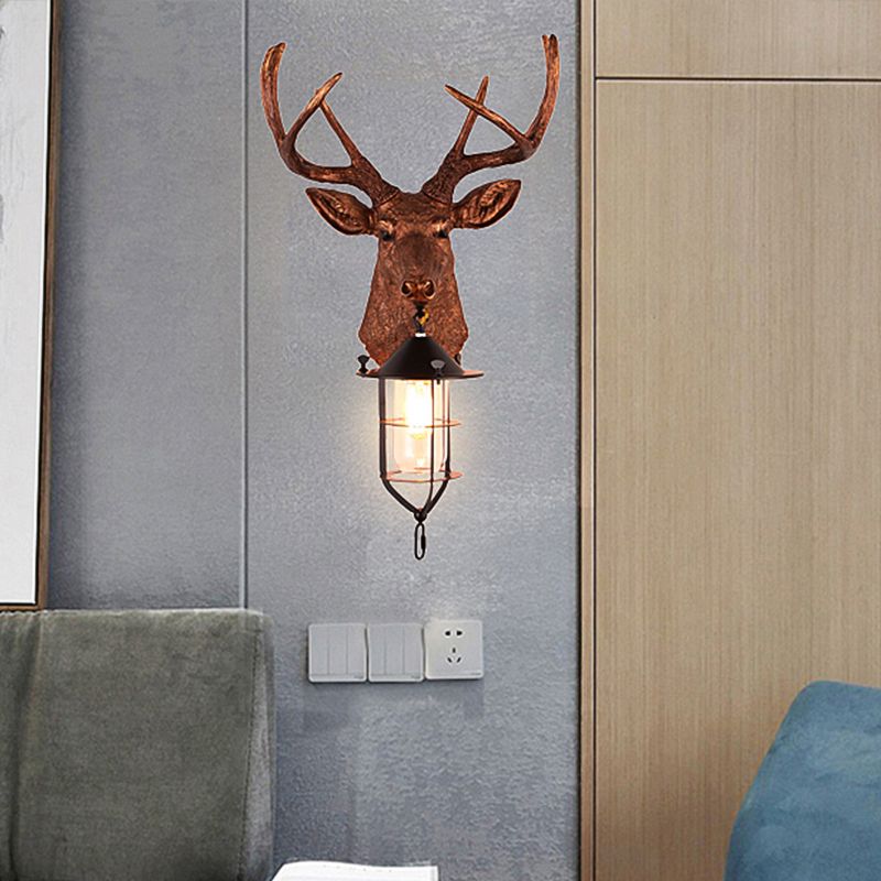 Brown 1 Bulb Wall Mount Lighting Vintage Resin Deer-Head Wall Lamp Sconce with Cage