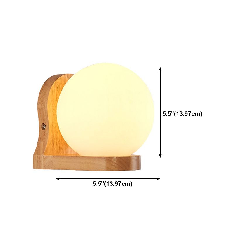 Nordic Wood Wall Light Globe 5.5" Wide Wall Sconce with White Glass for Bedroom