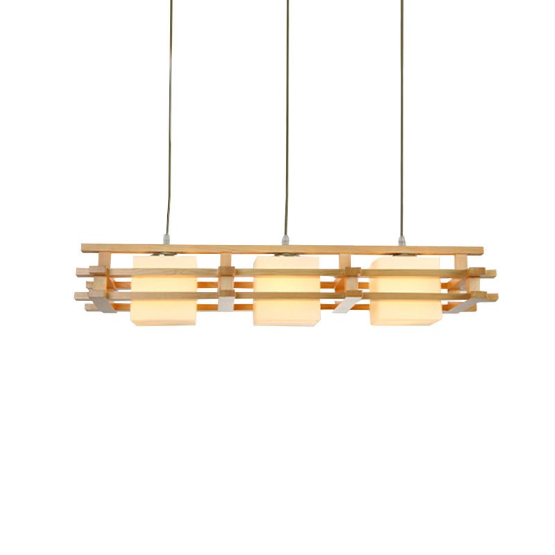 Cube Restaurant Island Light Fixture Blown Glass 3 Bulbs Japanese Ceiling Pendant Light in Wood