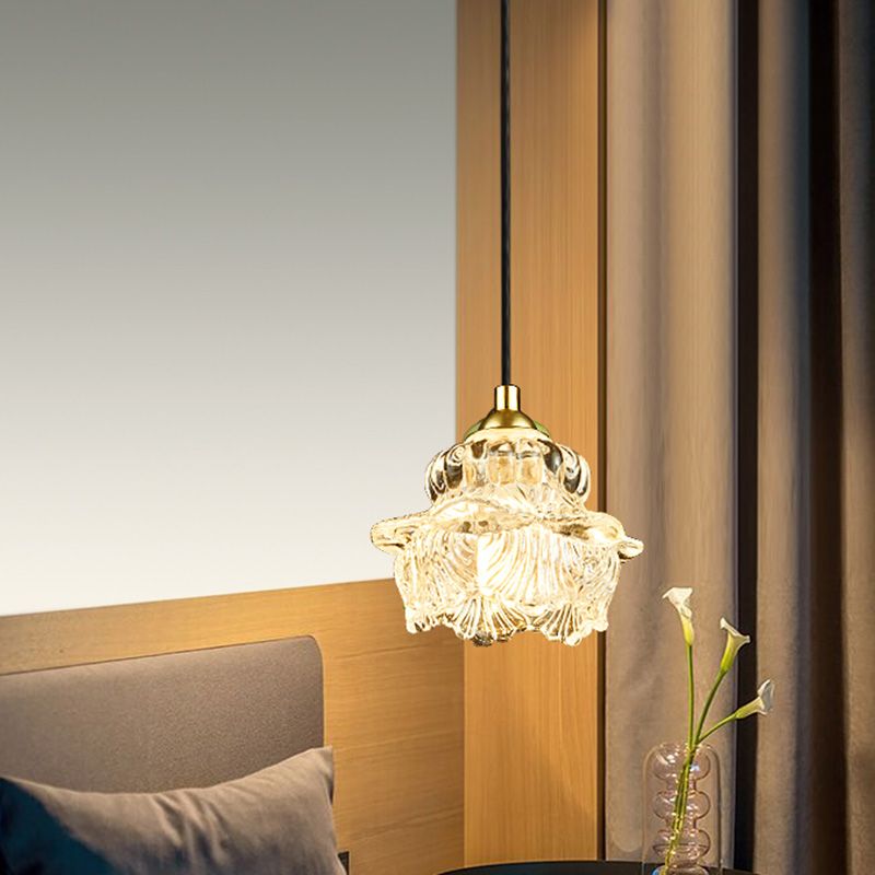 1 Light Pendant Light Kit Rural Petal Clear Glass Suspension Lighting Fixture for Bedroom
