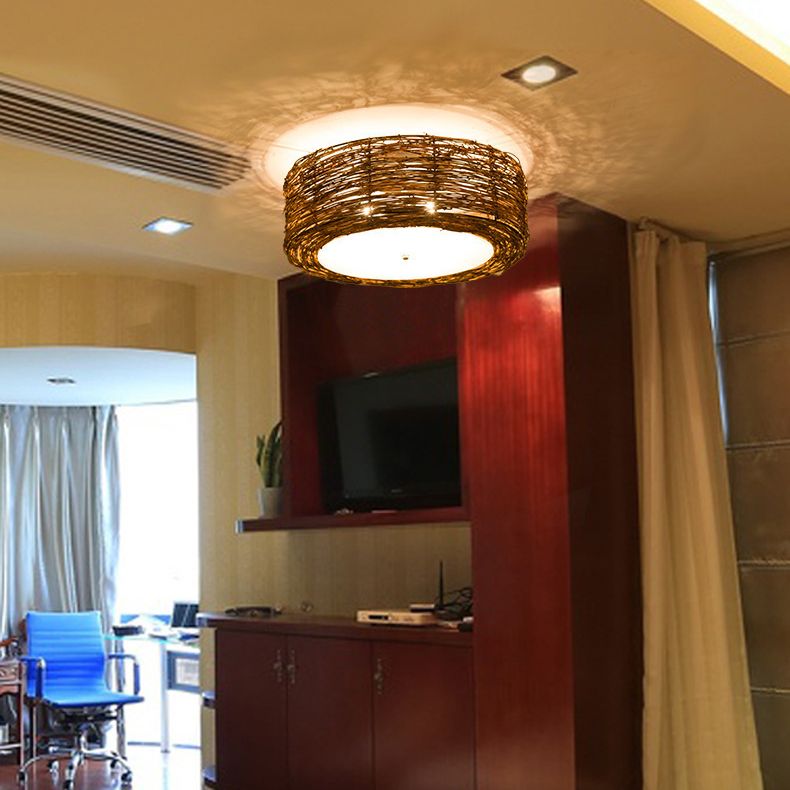 Luminaire de plafond encastré en rotin asiatique, tambour marron pour salle à manger