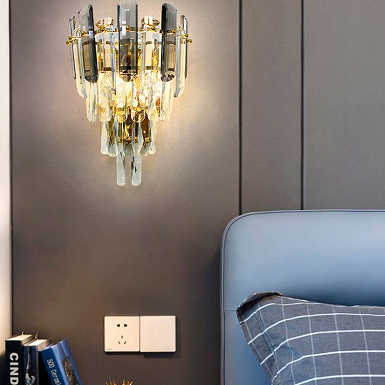Gray Crystal Wall Sconce in Modern Luxury Style Electroplate Iron Stagger Wall Lamp for Bedroom