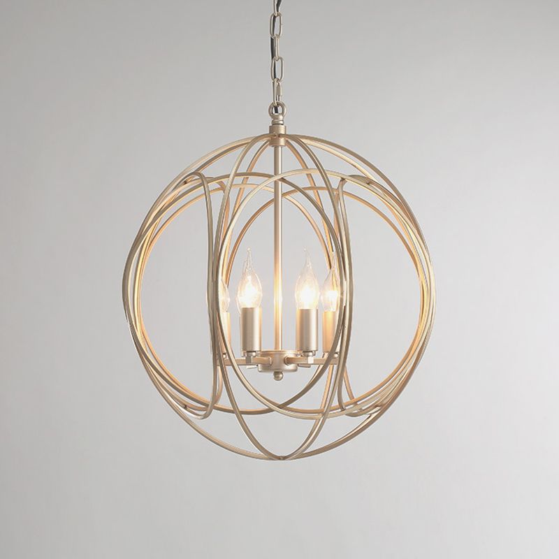 Post-Modern Metal Hanging Chandelier Light Gold Spherical Cage Shade Ceiling Chandelier for Dining Room