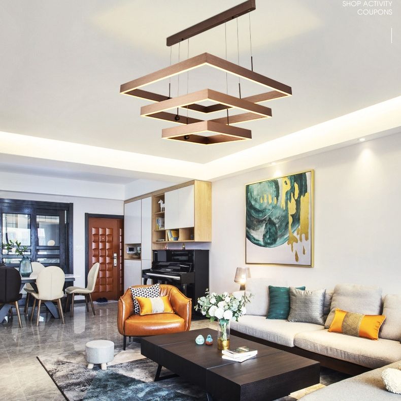 3-Tier Square LED Pendant Light Modern Metal Coffee Finish Chandelier for Living Room