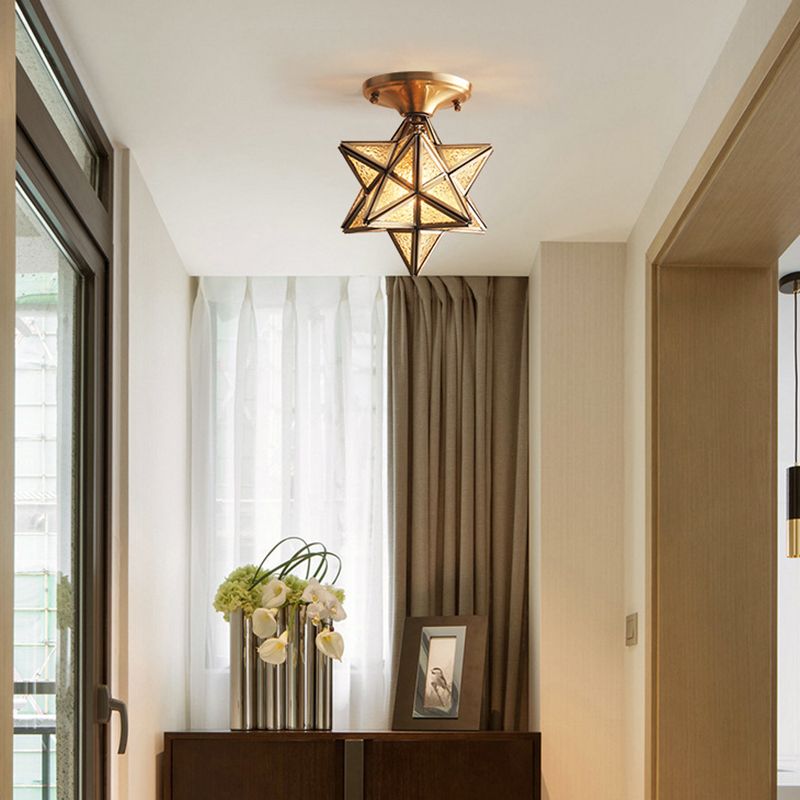 Montaje empotrado de latón y vidrio en estilo colonial retro, accesorio de techo con estrella de cobre para pasillo