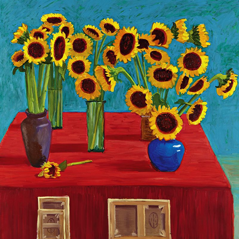 Modern Potted Sunflower Wallpaper Mural Red-Yellow-Blue-Green Bedroom Wall Art, Custom Printed