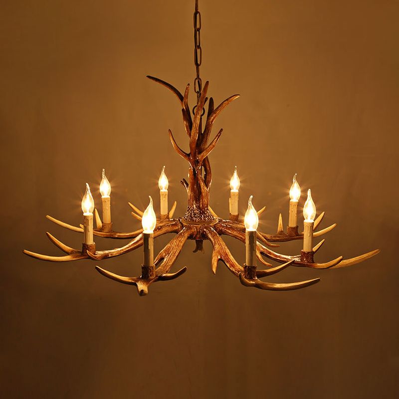 Brown 8 têtes de fourchette de bois suspendu Lodge Resin Bare Bulb Design Plafond Chandelier