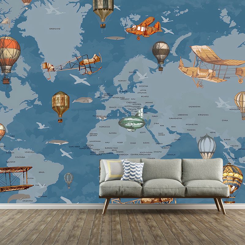 Whole Illustration Contemporary Wall Mural Extra Large Wall Art for Children with World Map and Balloon Design in Soft Color