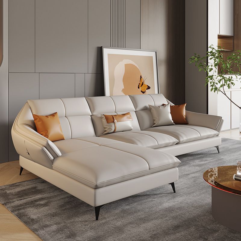 Scandinavian Sectional Sofa Pillowed Back Cushions White Leather Sectional