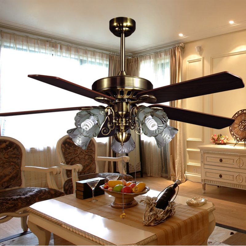 4-Blade Retro Floral Shade Ceiling Fan Light 5 Bulbs 52" W Smoke Grey Glass Semi Mount Lighting with Pull Chain
