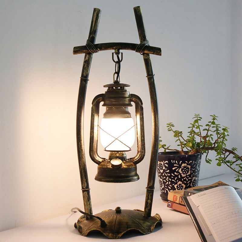 Antiqued Brass Single Night Lamp Farmhouse Opal Glass Kerosene Table Light with Frame and Ruffled Base