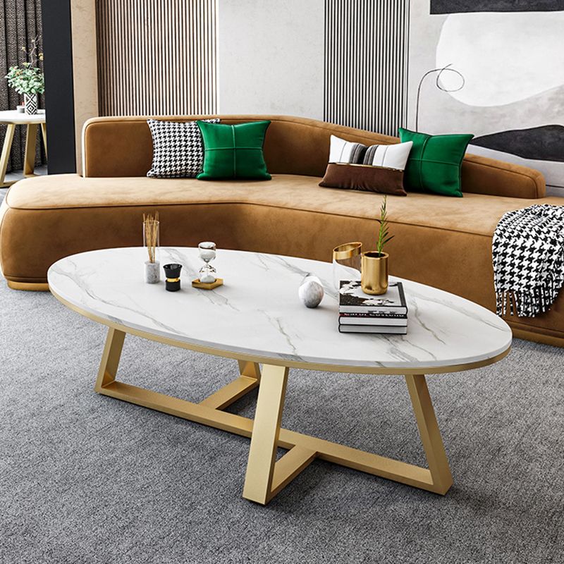 White Oval Stone Top Coffee Table with Iron Cross Base Cocktail Table