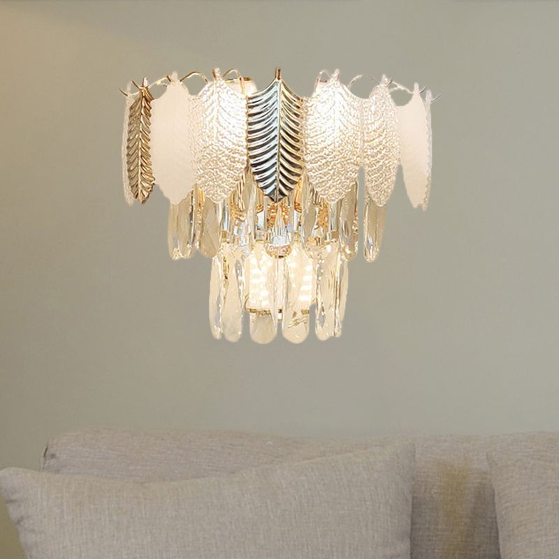 3 têtes appicin de mur effilé Light Light moderne Clear Crystal Murd Murd Murd With Golden and Acrylic Feuilles
