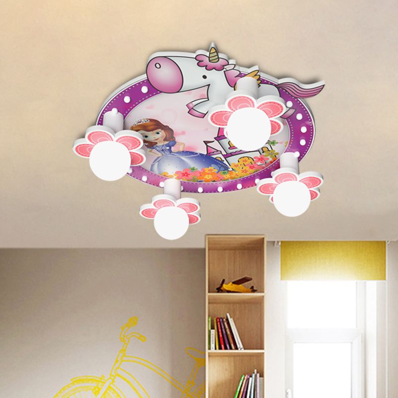 Purple Flower Flush Mount Light Cartoon 4 Bulbs Wood Ceiling Flush with Princess and Unicorn Pattern, 6.5"/23.5" H