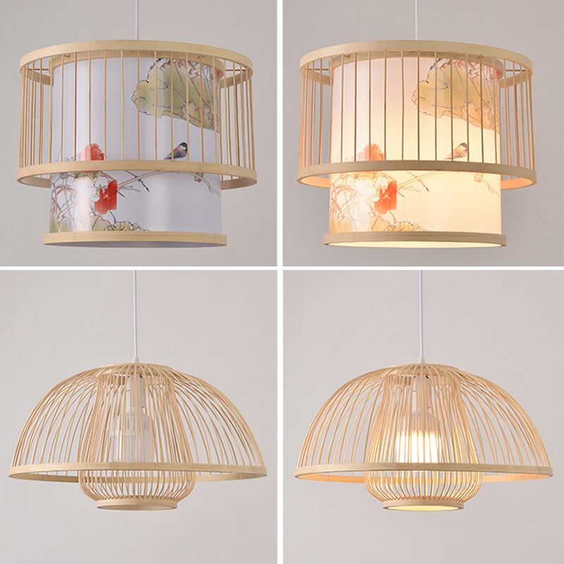 Beige Bamboo Hanging Light Fixture Asian 1-Light Suspension Pendant Light for Restaurant