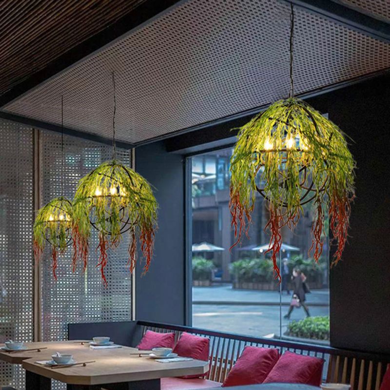 Orb Restaurant Chandelier Light Industrial Metal 5 Bulbs Green LED Plant Pendant Lighting Fixture