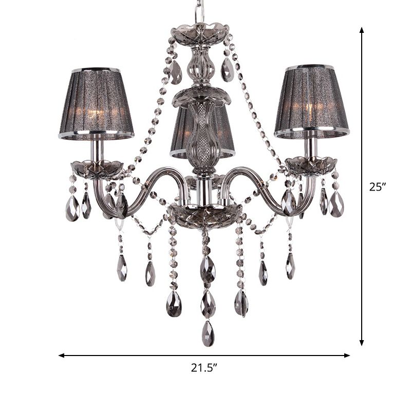 Candelabra Ceiling Chandelier Contemporary 3-Head Crystal Suspension Lighting with Fabric Shade in Grey
