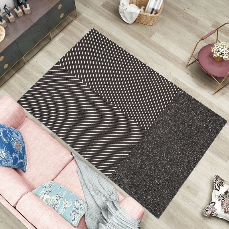 Contemporary Striped Pattern Rug Black and Grey Polyester Carpet Anti-Slip Pet Friendly Washable Rug for Home