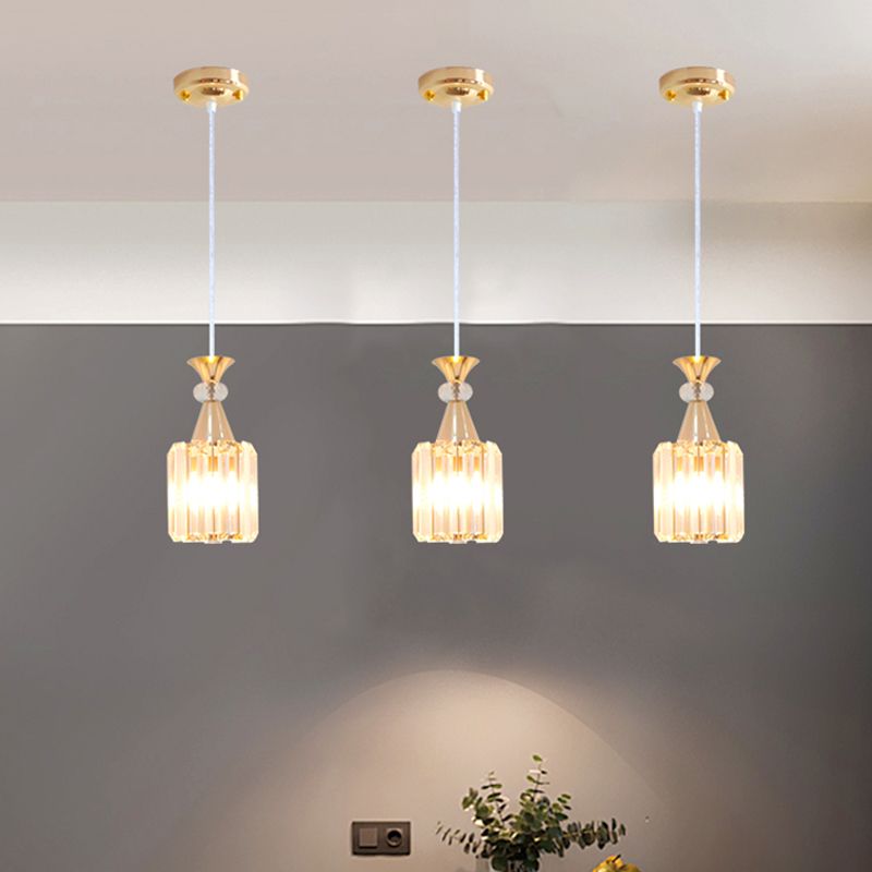 Crystal Prisms Cylinder Ceiling Light Fixture Simple Single Suspension Pendant in Gold