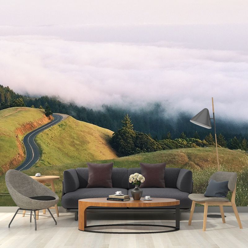 Green-White Modern Mural Decal Large Highway View from Meadow Wall Decor for Bedroom